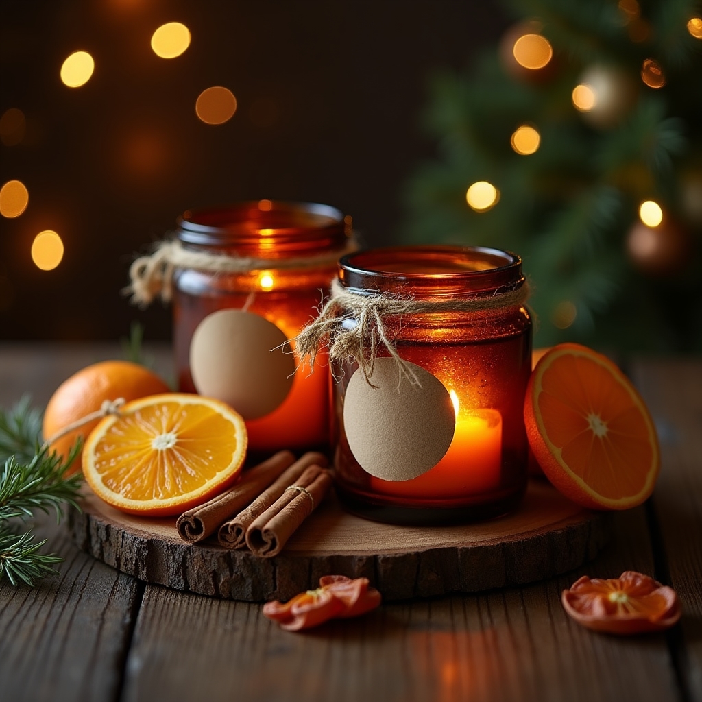 Candele dell'edizione natalizia con cannella e arancia decorate con rametti secchi e arance essiccate