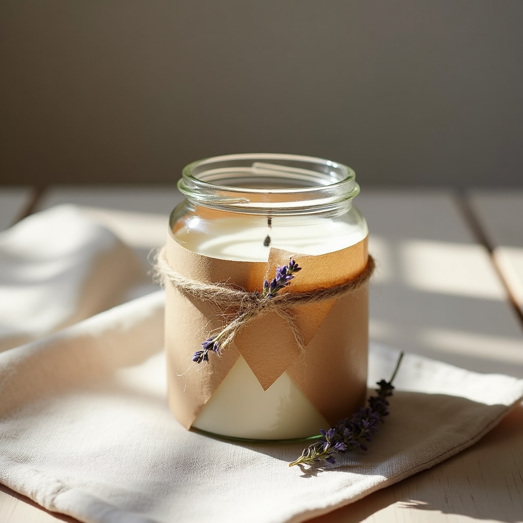 Candela artigianale confezionata come regalo con carta kraft e spago naturale su fondo neutro