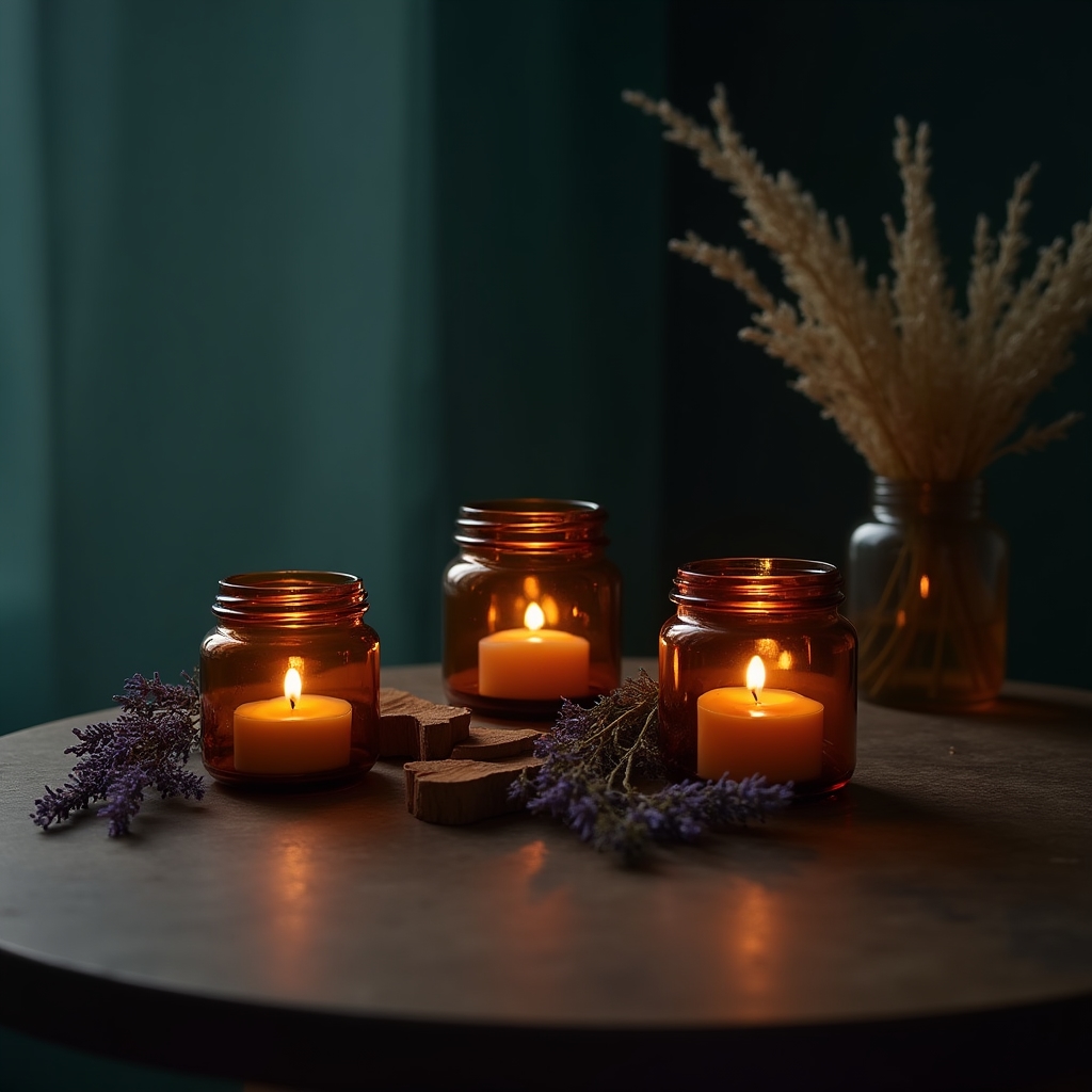 Candele della collezione Sera con lavanda e cedro in vasetti di vetro su un tavolo di legno